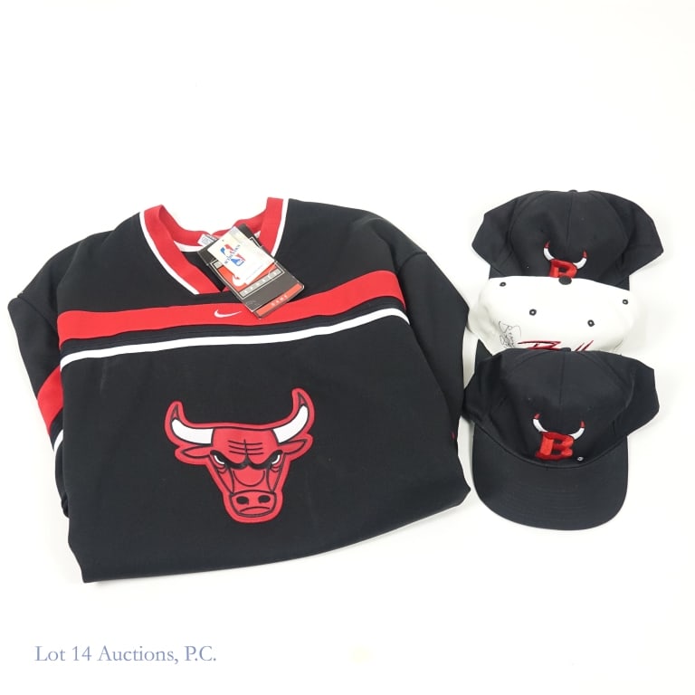 Chicago Bulls Caps (3) + Hockey Style Jersey: Nike Team Sports Chicago Bulls branded hockey-style jersey. Size: XXL. Tags still attached. ***** Three (3) Chicago Bulls snapback baseball style caps - all three feature the Apple computers logo on b