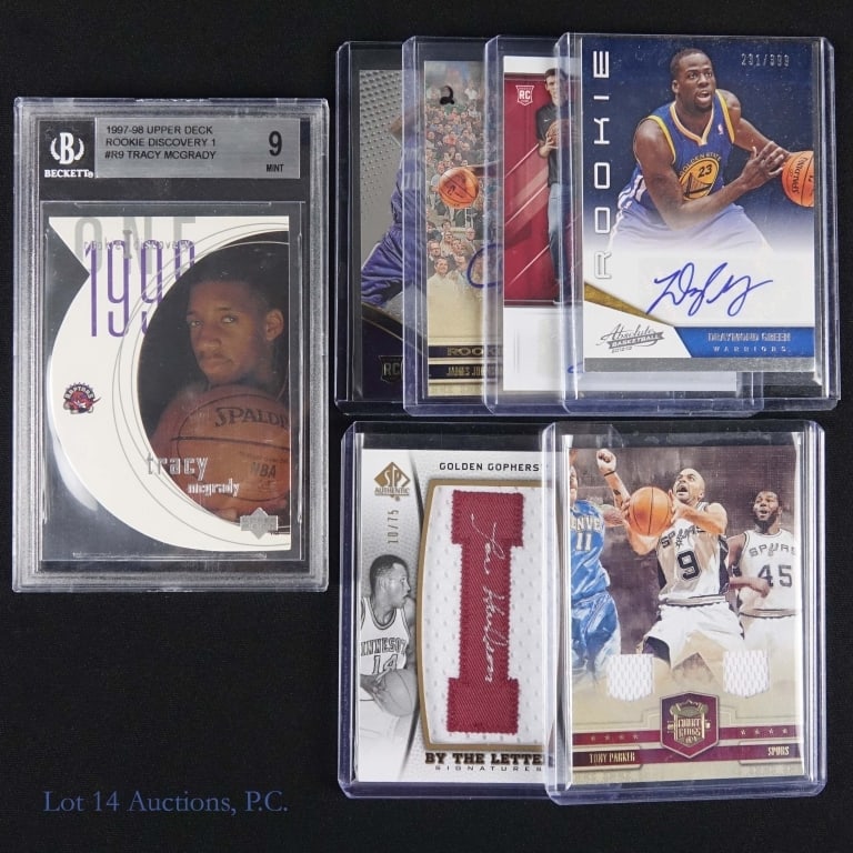 Insert / Graded Basketball Cards (7): Seven (7) basketball cards: 1997-98 Upper Deck Rookie Discovery 1 #R9 Tracy McGrady. Graded by Beckett as Mint 9 (0001728579 - confirmed at their website) ***** 2012-13 Panini Absolute Basketball
