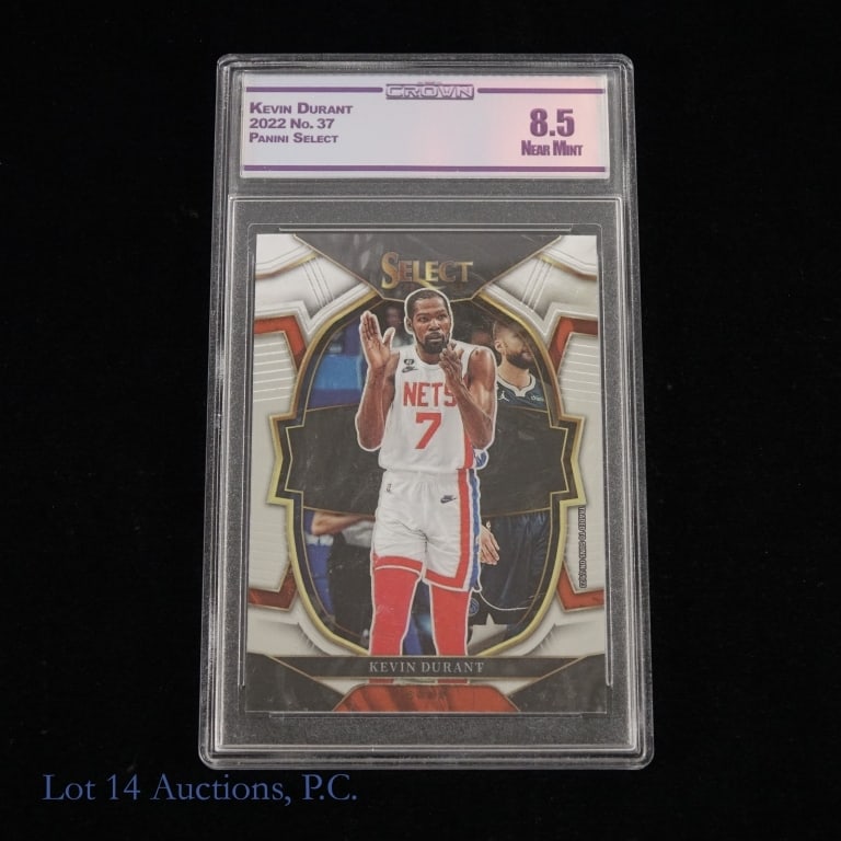 2022 Panini Select Kevin Durant Basketball Card: 2022 Panini Select #37 Kevin Durant basketball card. This card is slabbed and has a grade on it that we were unable to confirm.