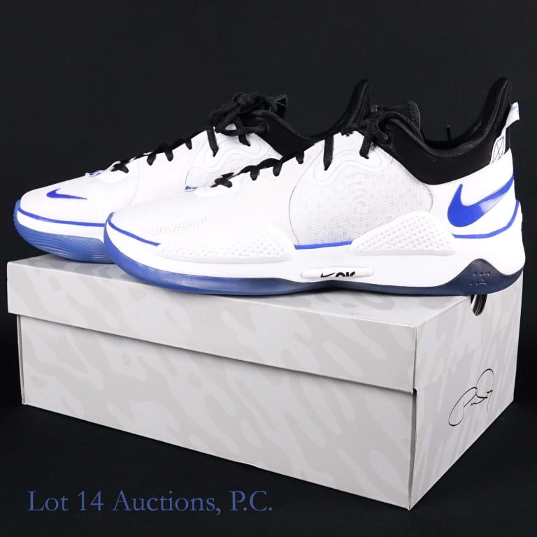 Paul George 5 "Playstation" Basketball Shoes (2): 2 pairs of Paul George 5 Playstation basketball shoes. Colorway is labeled as white / crimson on both pairs and one pair is size men's 12 and the other is men's 11.5. Original boxes included with