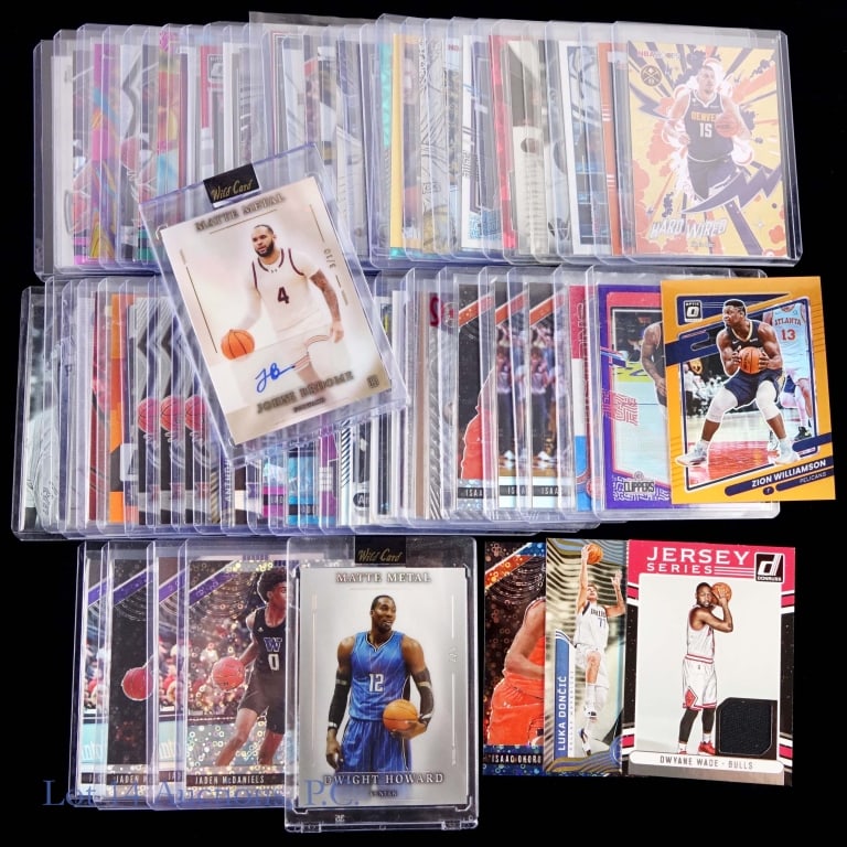 Modern Basketball Card Collection (60): Collection of 60 modern basketball cards. The highlights of this collection are a a Dwyane Wade game used jersey card, a Dwight Howard Matte Metal card, and a signed Johni Broome Matte Metal card. The