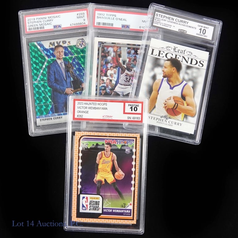 Graded / Slabbed Basketball Cards (Curry Wemby): Four (4) graded / slabbed cards: 1992 Topps #362 Shaquille O'Neal [Rookie Card]. Graded by PSA as NM-MT 8 (61038417). ***** 2019 Panini Mosaic #299 Stephen Curry [Green Mosaic]. Graded by PSA as Mint