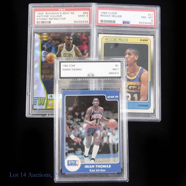Graded / Slabbed Basketball Cards (3): Three (3) graded / slabbed baseball cards: 1985 Star #6 Isaiah Thomas [Miller Lite]. Slabbed by ICG Grading and scored as "NM 7" (0005472). ***** 1988 Fleer #57 Reggie Miller [Rookie Card]. Graded by