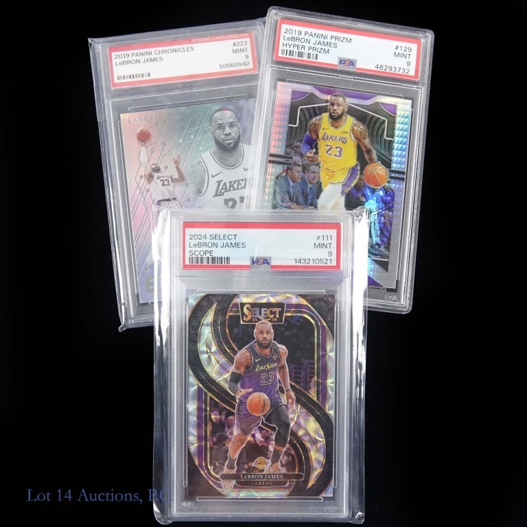 Graded LeBron James Basketball Cards (3): Three (3) LeBron James basketball cards: 2024 Panini Select Basketball #111 Scope Prizm. Graded by PSA as Mint 9 (143210521). ***** 2019 Panini Prizm #129 [Hyper Prizm]. Graded by PSA as Mint 9
