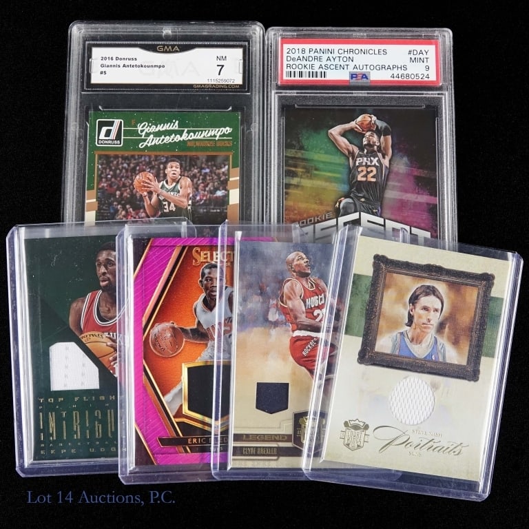 Insert / Graded Basketball Cards (6): Six (6) basketball cards: 2016 Donruss #5 Giannis Antetokounmpo. Slabbed by GMA (unable to confirm grade) ***** 2018 Panini Chronicles Basketball - Rookie Ascent Autographs #RA-DAY DeAndre Ayton