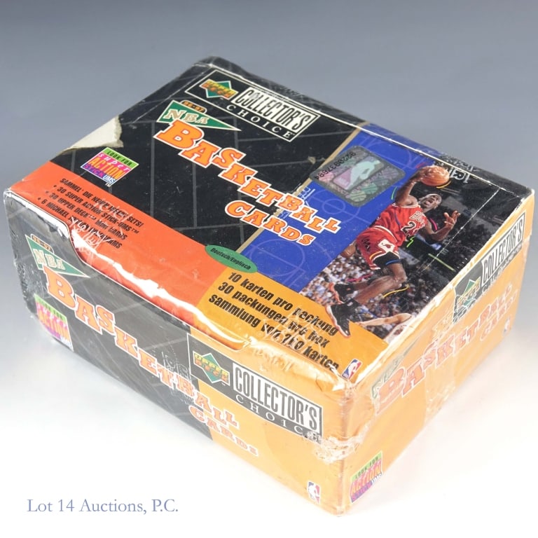 1996-97 UD Collect Choice Basketball German Box: Factory sealed box of 1996-97 Upper Deck Collector's Choice basketball cards for the German market. This box contains 30 packs, with 15 cards per pack. The entire German language set is 200 cards.