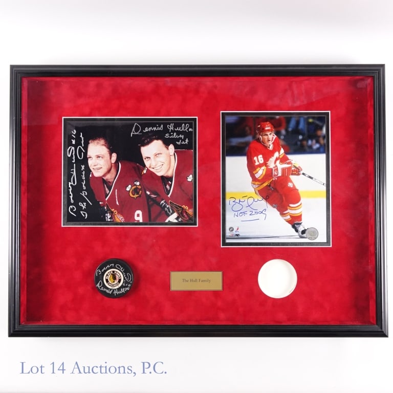 Bobby Dennis Brett Hull Sgnd Photo & Puck Display: LOCAL PICKUP OR 3RD PARTY SHIPPING ONLY *** The Hull Family photo and puck framed display - Color photograph of Bobby and Dennis Hull wearing Chicago Blackhawks uniforms and Chicago Blackhawks puck