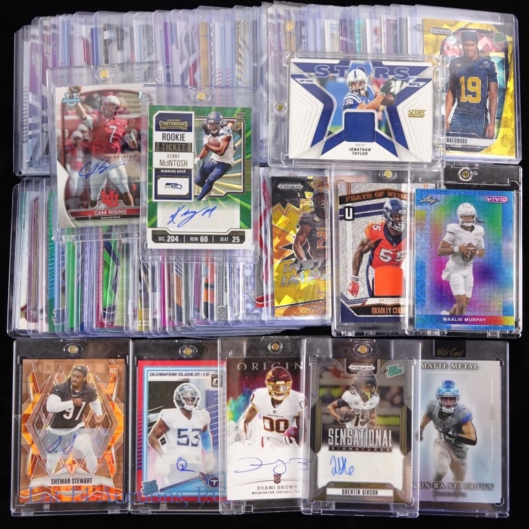 Uncle's Modern Day Football Card Collection: 79 assorted modern day football cards. The highlight of this group includes signed cards from Dyami Brown, Oluwafemi Oladejo, Quentin Gibson, Kenny McIntosh, Cam Rising,and Shemar Stewart. There are a