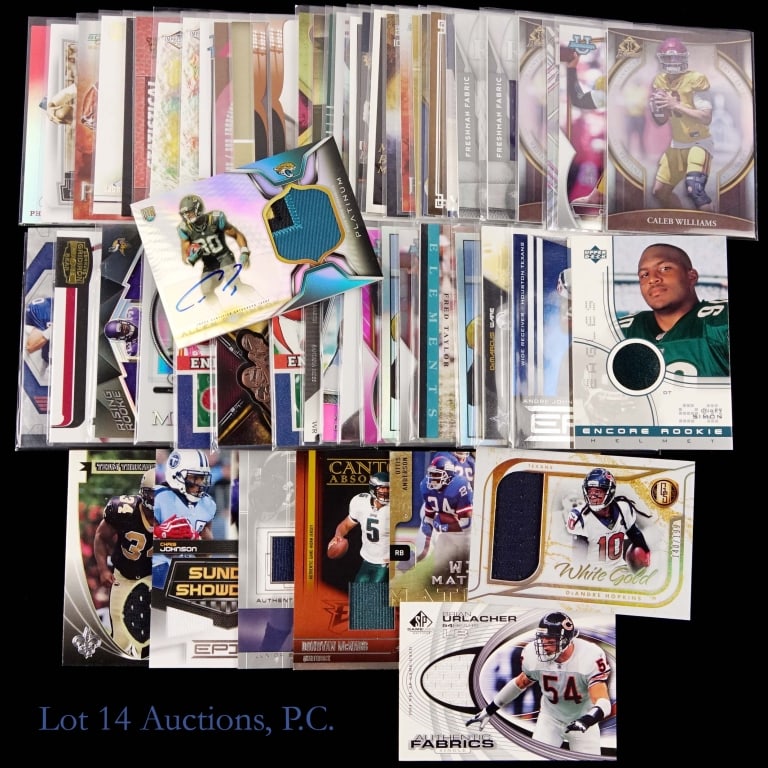 Modern Relic & Numbered Football Cards (58): Fifty eight assorted modern day football cards. Among th etreasures you will find 8 cards of Caleb Williams *** 24 relic cards *** 26 additional cards, some of which are serial numbered. Among the rel