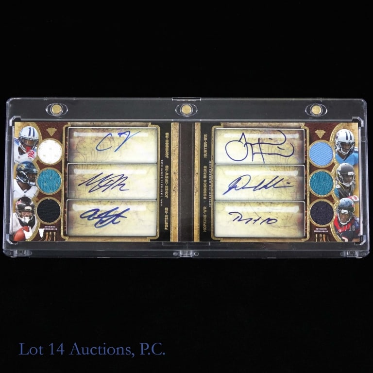 2013 Topps TTADC Football Card Gold /18 (6 Sigs): 2013 Topps Triple Threads Football Auto Relic Double Combos Book Card Gold #TTARDC-JJFHRH. #10 / 18. Features the following six autographs: Chris Johnson (RB - Ten Titans) ** Justin Hunter (WR - Ten