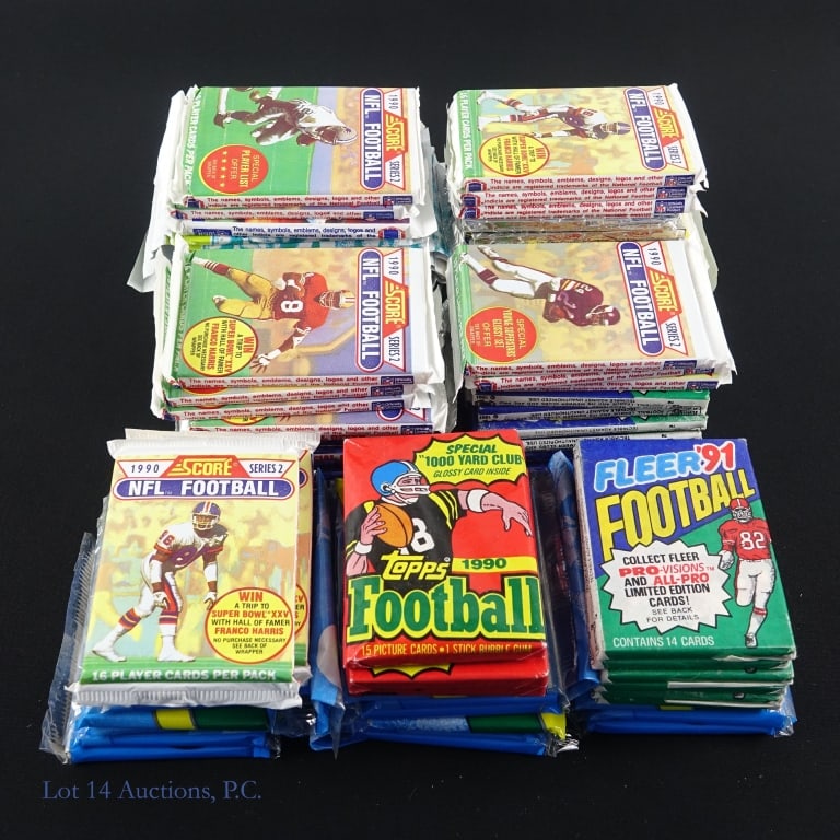 Sealed Football Card Packs: Three 1990 Topps football wax packs ***** Sixteen 1990 Score (Series 2) football packs ***** One 1991 Score (Series 1) football pack **** Ten 1991 Fleer football wax packs ***** Fifteen 1992 NFL Pro