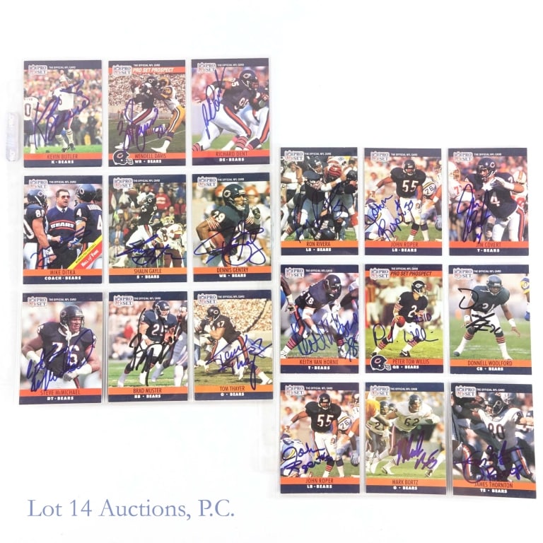 1990 Chicago Bears Signed Trading Cards (18): *** Per the consigner, these autographs were all gathered in person. There are no COAs. *** Eighteen (18) cards (17 unique) from the 1990 NFL Pro Set football card collection. All 18 cards are signed 