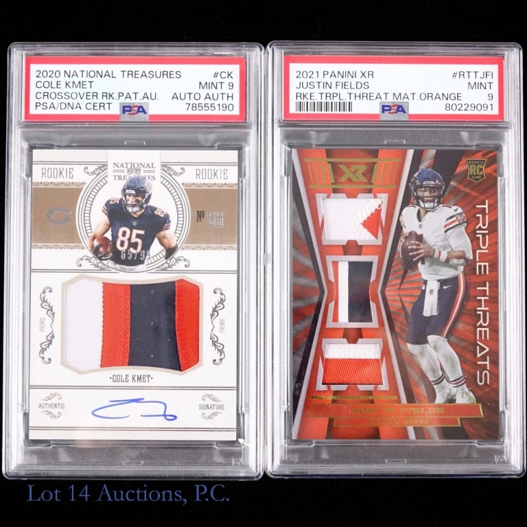Justin Fields Cole Kmet Graded Relic Cards: Two (2) football trading cards: 2021 Panini Xr Football #RTT-JFI Justin Fields Rookie Triple Threat Materials Patch card [Orange ... #12/25]. Graded by PSA as Mint 9 (80229091). ****** 2020 Panini Nat
