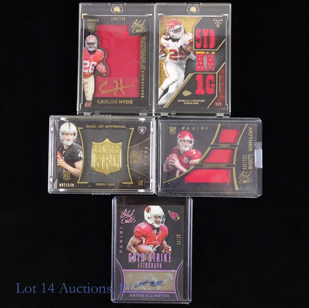 Football Insert Trading Cards (5): Five (5) football trading cards - all insert cards. 2014 Topps Triple Threads Relic Card #TTR-12 Jamaal Charles (9/9) ***** 2014 Panini Black Gold Mother Load rookie relic card #ML-AM Aaron Murray (10