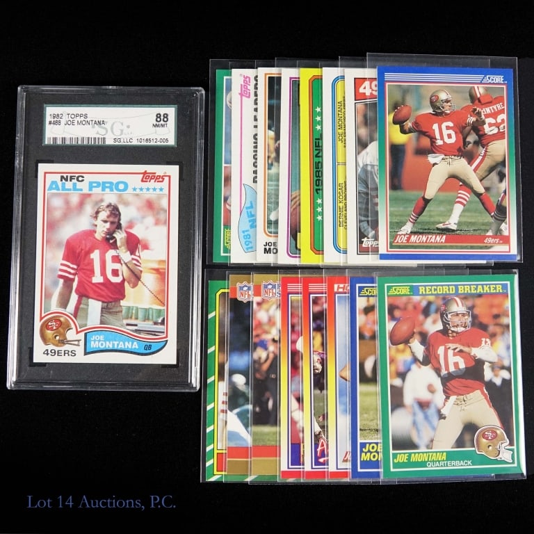 Joe Montana Football Cards (17 Unique): Seventeen (17) unique trading cards featuring Joe Montana of the San Francisco 49ers. the highlight of this collection is a 1982 Topps #488 Joe Montana graded by Sportscard Guarantee Corporation (SGC)