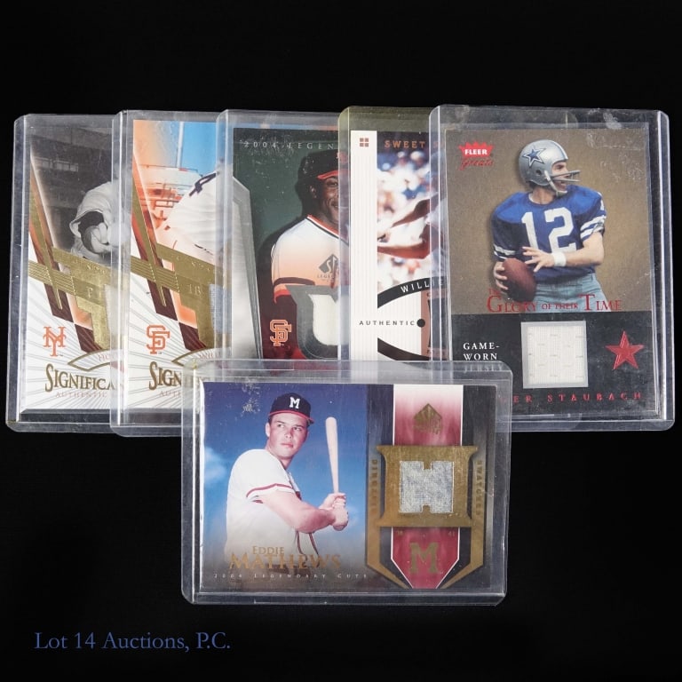 6 Baseball, Football HOF Player Jersey Cards: Six assorted cards containing a swatch of a game used jersey worn by a player enshrined in the HOF. Included you will find an Eddie Mathews Upper Deck Historic Swatches card HS-MA *** Hoyt Wilhelm Upp