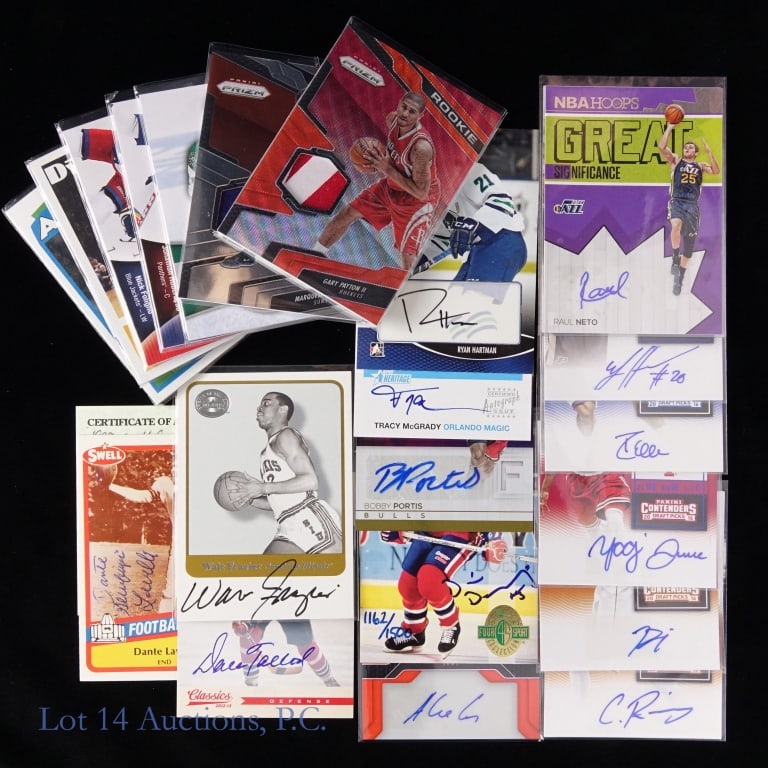 Basketball Hockey Football Auto Insert Relic Cards: Collection of autograph, relic, and insert cards from basketball, ice hockey, and football. 2001 Fleer Greats of the Game Walt Frazier autograph card *** 2001 Topps Heritage certified autograph issue 