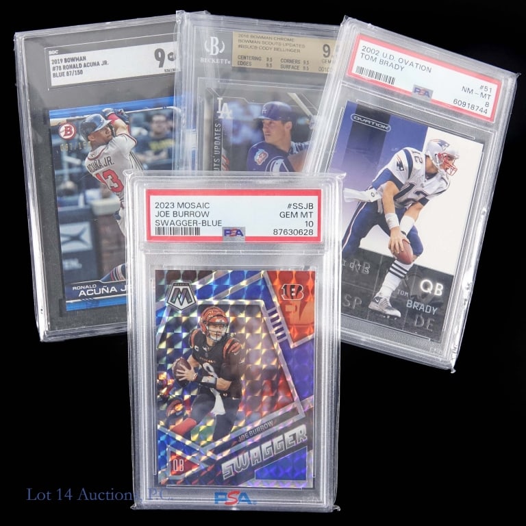 Graded Baseball & Football Cards (Brady Acuna): Four (4) graded trading cards: 2019 Bowman #78 Ronald Acuna, Jr. [Blue]. No. 87/150. Graded by SGC as Mint 9 (5361566). ***** 2016 Bowman Chrome - Scouts Updates #BSU-CB Cody Bellinger. Graded by Beck