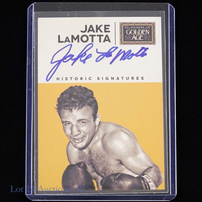 2014 Panini Golden Age Jake Lamotta Signed Card: 2014 Panini - Golden Age Historic Signatures No. JLA Jake LaMotta signed boxing card. Autograph appears to be given in blue sharpie. Jake LaMotta was the World Middleweight Champion from 1949 - 1951. 