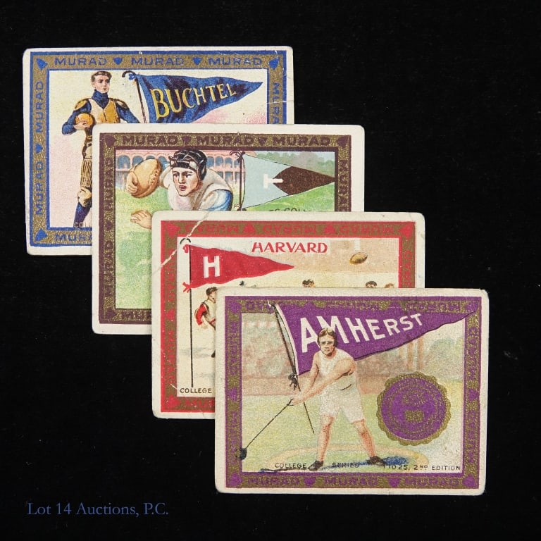 T51 Murad Cigarettes College Football Cards (4): Cataloged as T51, Murad Cigarette College Series cards were a series of college and sports cards issued between 1909 and 1911. This is a group of four (4) football cards. The Buchtel College card is f
