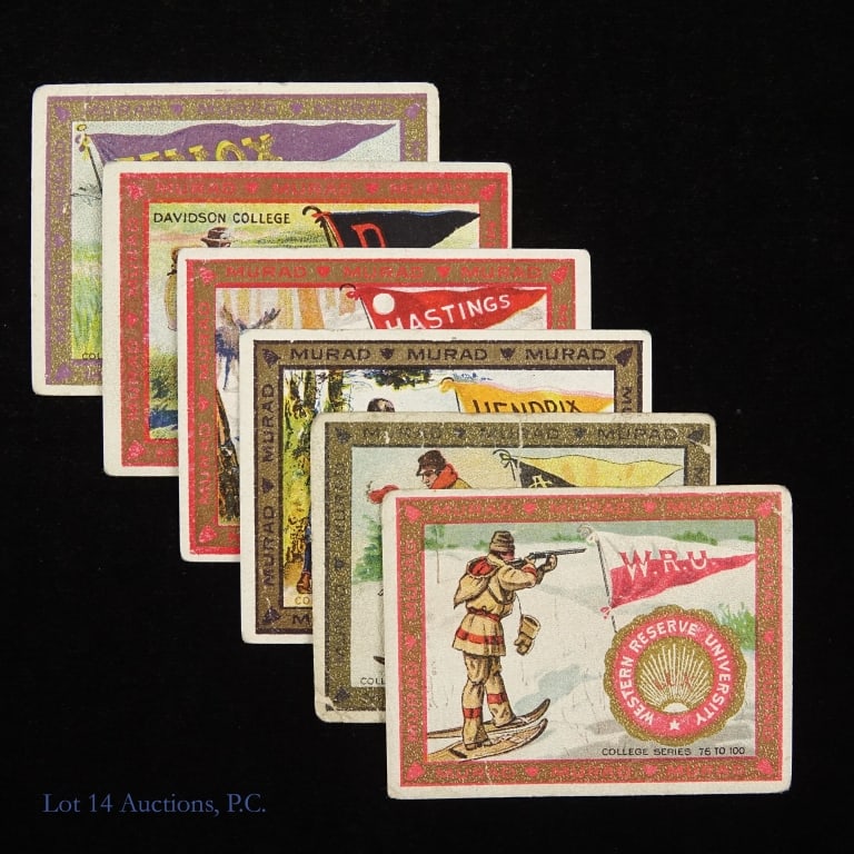 T51 Murad Cigarette College Hunting Cards (6): Cataloged as T51, Murad Cigarette College Series cards were a series of college and sports cards issued between 1909 and 1911. Six cards from the Murad College Series featuring different scenes of men