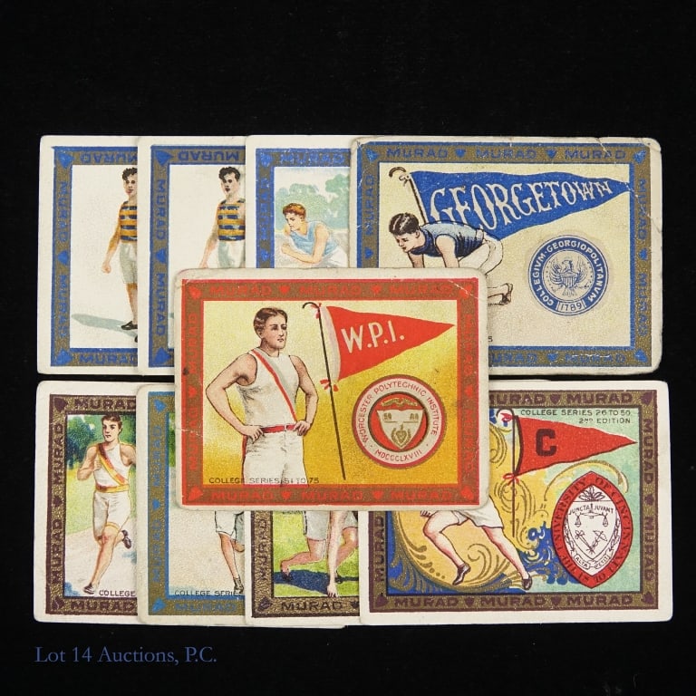 T51 Murad Cigarette College Track Cards (9): Cataloged as T51, Murad Cigarette College Series cards were a series of college and sports cards issued between 1909 and 1911. Collection of nine carsd from the Murad Cigarettes College Series