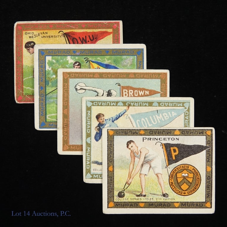 T51 Murad Cigarette College Field Cards (5): Cataloged as T51, Murad Cigarette College Series cards were a series of college and sports cards issued between 1909 and 1911. Group of five cards featuring different throwing events. All cards