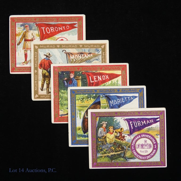 T51 Murad Cigarette College Outdoors Cards (5): Cataloged as T51, Murad Cigarette College Series cards were a series of college and sports cards issued between 1909 and 1911. Group of five Murad Cigarette cards featuring various scenes of outdoor
