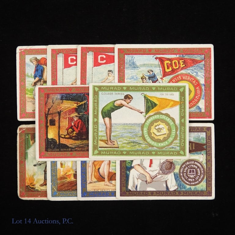 T51 Murad Cigarette College Cards (10): Cataloged as T51, Murad Cigarette College Series cards were a series of college and sports cards issued between 1909 and 1911. Ten assorted cards from the Murad College Series. All of teh cards exhibi