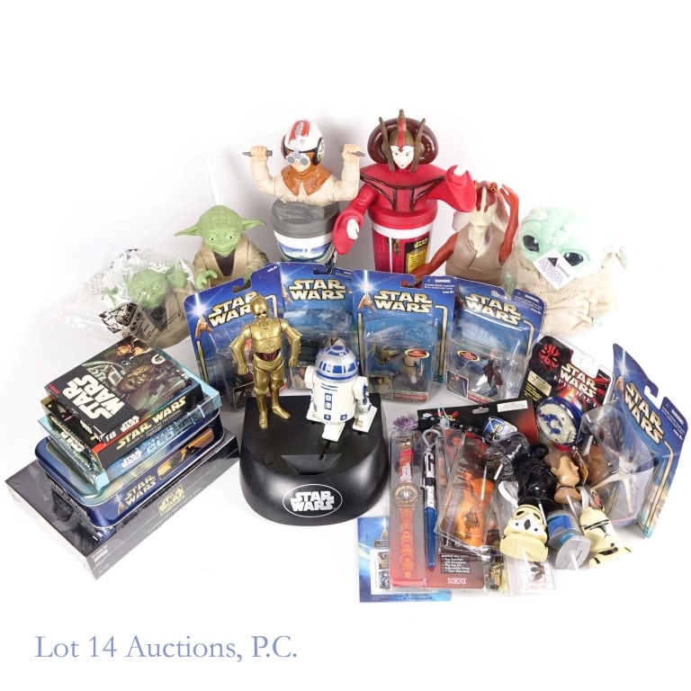 Star Wars Collectibles Lot: Star Wars collectibles - drinking cups, action figures, bookmarks, trading cards, card game, keychains, Super 8 film reel, pencil case. See photos for details and selection.