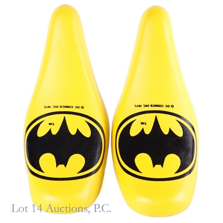 1972 Batman Banana Bike Seats, NOS (2): 1972 Batman Banana Bike Seats, NOS (2). Two (2) Permaco 024 banana bicycle seats featuring the Batman symbol circa 1972. Items are New Old Stock with some shelf wear. See photos for more details on