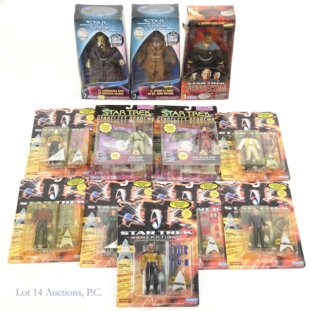 Star Trek: TNG Action Figures (NOS - 13): Thirteen (13) Star Trek: The Next Generation action figures. All figures are new in package. Package condition varies. 1988 Galoob Lt. Tasha Yar ***** 1996 Playmates Starfleet Academy Cadet Worf *** 1