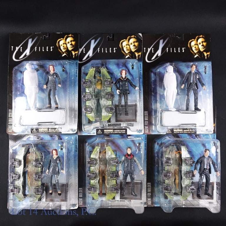 1998 The X Files Figures NIB (6): Six (6) The X Files figures by McFarlane Toys. Three (3) different Agent Scully and three (3) different agent Mulder figures, no duplicates. In original unopened factory packaging. One of the Agent Sc