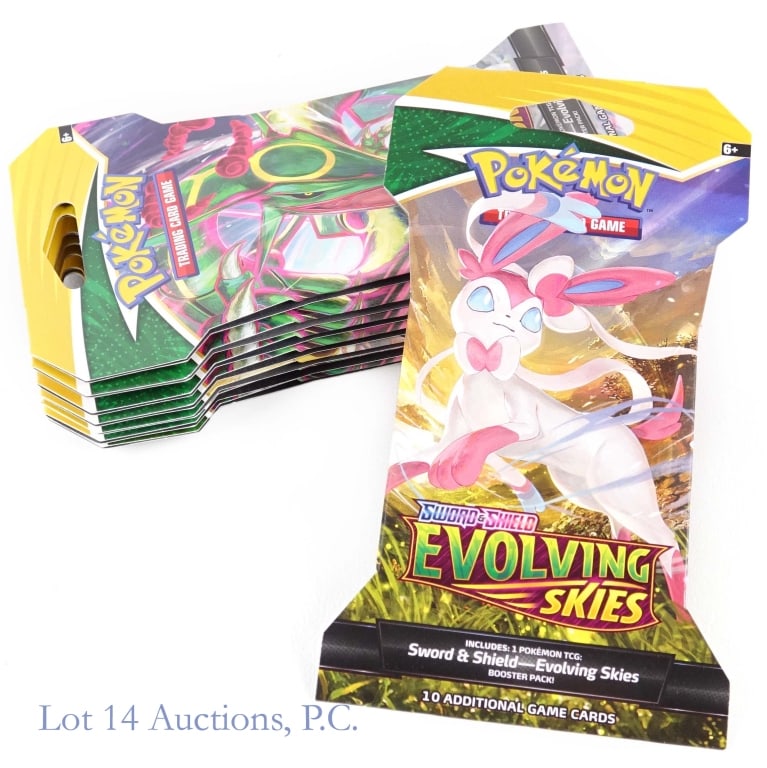 Evolving Skies Sleeved Pokemon Booster Packs (8): 8 sleeved Pokemon Evolving Skies booster packs. 10 cards per pack. See photos for condition and details. All sleeves are sealed but may have minor wear.