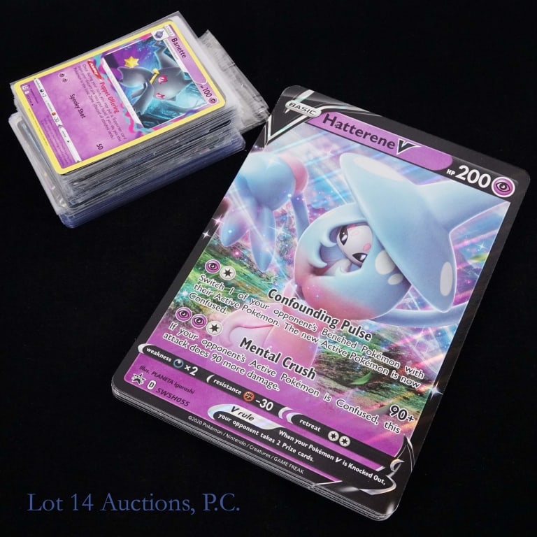 Approx. 80 Pokemon Full Art Trainers, Vs, Ex Cards: Approximately 80 Modern Pokemon ex, V, and full art trainer cards including some Japanese. Also includes 20 oversized V and ex cards. All cards are sleeved, see photos for condition and details.