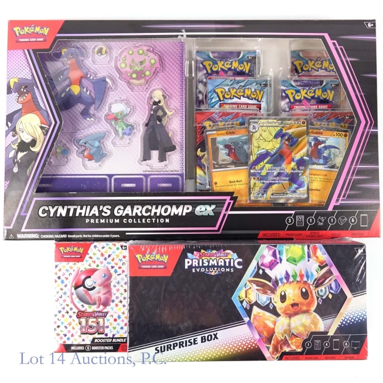 Sealed Pokemon Boxes (3): 1 - C ynthia's Garchomp ex Premium Collection box. Includes 6 Pokemon TCG Booster packs, 1 acrylic standee sheet, 1 sticker, and 3 promo cards including Cynthia's Garchomp ex #204 Black Star Promo. 2 