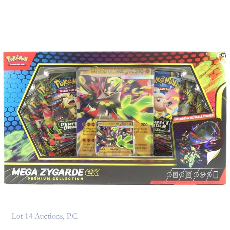 Mega Zygarde EX Premium Pokemon Collection Sealed: Mega Zygarde EX Premium Collection Sealed. Contains 1 promo card, 1 oversized promo card, 1 reusable sticker, & 8 booster packs. Item is in decent condition with some box damage. See photos for more