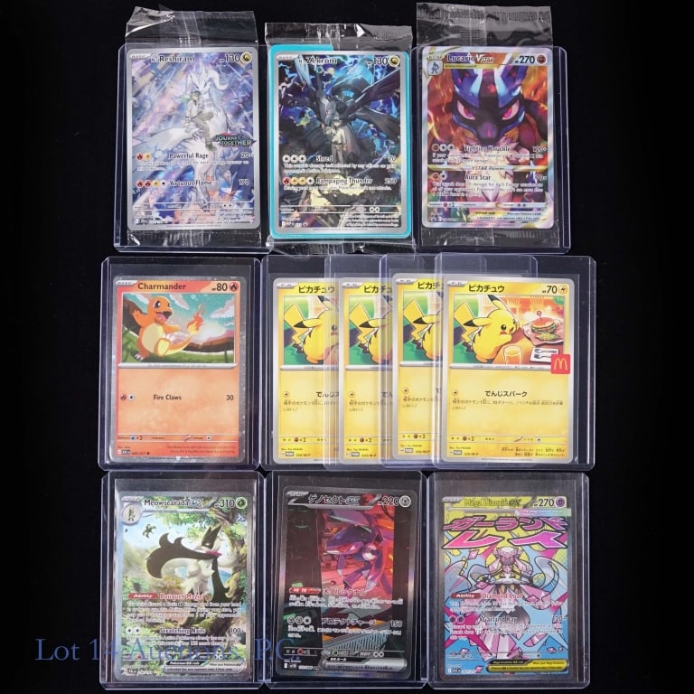 Pokemon Modern, Full Art, IR Promo Cards (11): 11 Modern Illustration Rare, Full Art, and Exclusive Pokemon cards. some cards include 4 Japanese McDonalds exclusive Pikachu cards, a Lucario VSTAR promo (sealed), N's Zekrom full art promo (sealed),