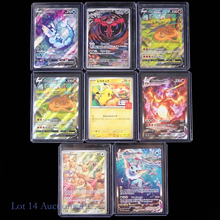 Pokemon Ultra Rare / Illustration Rare Cards (8): 8 Ultra rare and illustration rare Pokemon cards. Includes: a Vaporeon V full art promo, a Yveltal full art, 2 Charizard V full art promos, a Japanese Pikachu McDonald's exclusive, a Charizard VMAX
