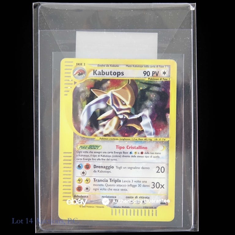 '03 Skyridge Kabutops, Italian Pokemon 150/144: 03 Skyridge Kabutops, Italian Pokemon 150/144. EBAY Certified, 2003 Italian Holo Pokemon, Kabutops 150/144. Horizontal crease in upper 1/3 of card. See photos for more details on condition and content