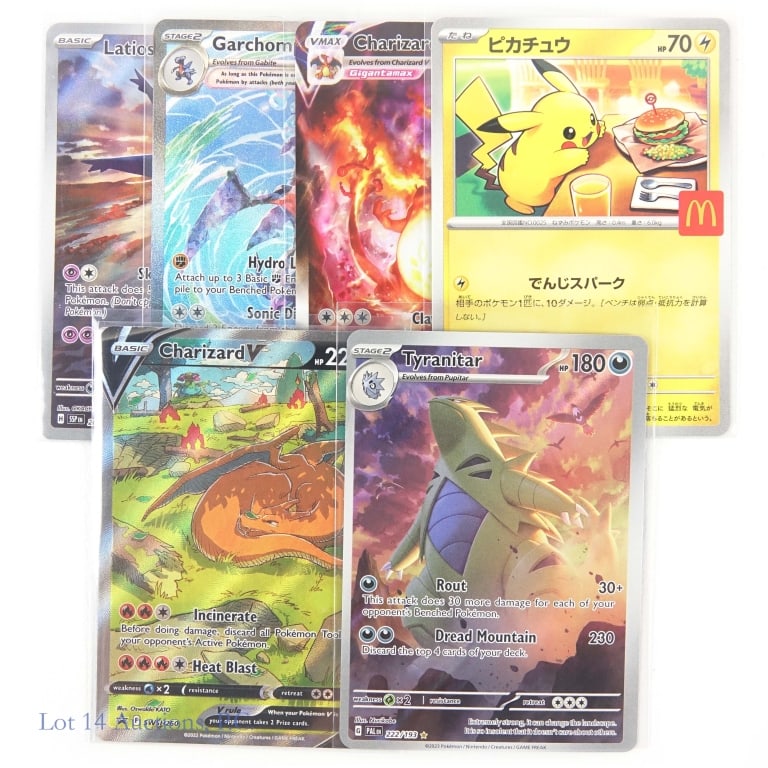 Pokemon Cards, Full Art, EX/V (6): Pokemon Cards, Full Art, EX/V (6). Collection of 6 Pokemon Cards. Charizard V SWSH260. Tyranitar 222/193. Latios 203/191. Garchomp EX 245/182. Charizard VMax SWSH261. Pikachu 020/M-P (Japanese McDonal
