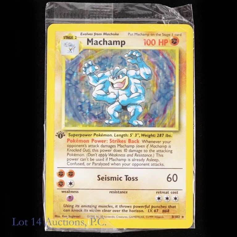 Pokemon Card Machamp 1st Ed. in Celophane 8/102: Pokemon Card Machamp 1st Ed. in Celophane 8/102. First edition Machamp Pokemon card #8/102. Item is in original celophane in top loader. No visible bends, creases or tears. See photos for more
