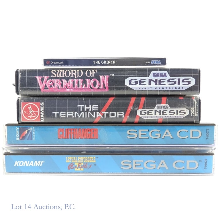 Sega Genesis, CD And Dreamcast Games CIB (2+2+1): Two (2) Sega Genesis games in original boxes with manuals - Sword Of Vermillion and The Terminator *** Two (2) Sega CD games in original boxes with manuals - Cliffhanger and Lethal Enforcers Gun