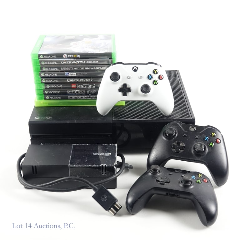 XBox One Console W 3 Controllers & Games (8): Microsoft XBox One Model 1540 console (tested and working per consigner) with AC adapter, two (2) original black controllers (not working), one (1) original white controller (not working), and eight