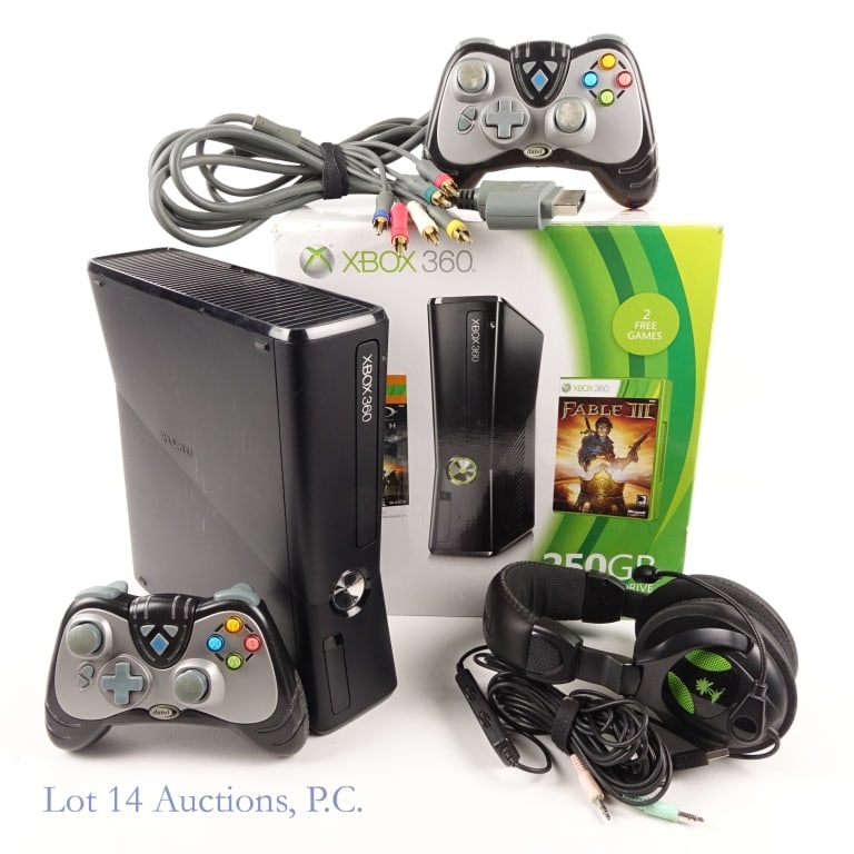 XBox 360 S Console T+W*: XBox 360 S console. Two (2) Datel wireless controllers V2, AV cable, Turtle Beach Ear Force X12 headphones, and box included. Tested and working per consigner. *AC adapter not included.