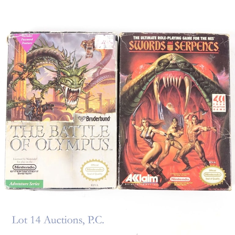 Nintendo Entertainment System NES Games In Box (2): Two (2) Nintendo Entertainment System NES games in original boxes - Swords And Serpents (includes manual) and The Battle Of Olympus.