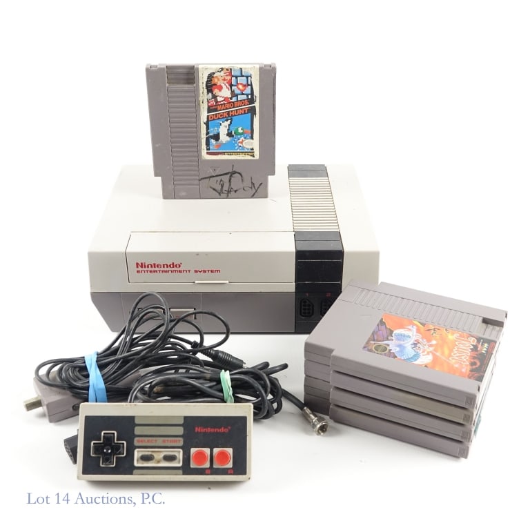 Nintendo NES Console With Games *: Nintendo Entertainment System NES console (not working) with RF adapter, one (1) original controller, and five (5) games - Hydlide, Dr. Mario, Mario Bros. / Duck Hunt, Pac-Man, and Joust. *Console is 