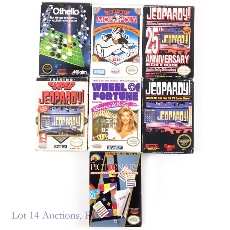 Nintendo Entertainment System NES CIB (7): Nintendo Entertainment System NES games in original boxes with manuals - Wheel Of Fortune Featuring Vanna White, Monopoly, Othello, Pictionary, Jeopardy!, Jeopardy! 25th Anniversary Edition, and