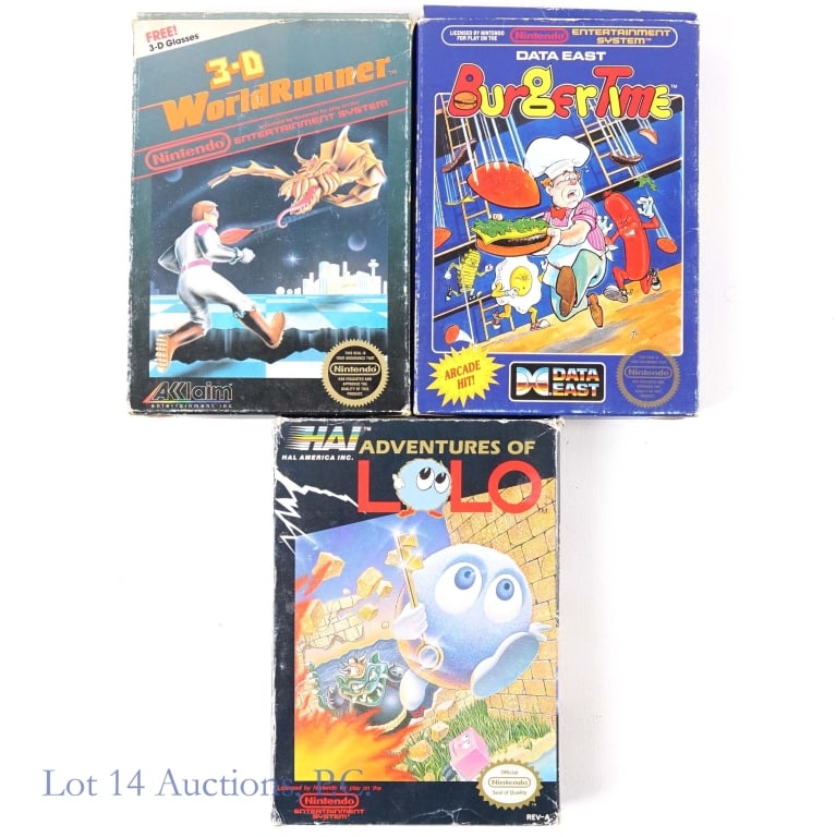 Nintendo Entertainment System NES Games In Box (3): Three (3) Nintendo Entertainment System NES games in original boxes - Adventures Of Lolo (includes manual), Burger Time, and 3-D World Runner.