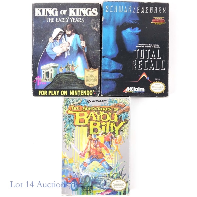 Nintendo Entertainment System NES Games In Box (3): Three (3) Nintendo Entertainment System NES games in original boxes - The Adventures Of Bayou Billy (includes manual), Total Recall, and King Of Kings.